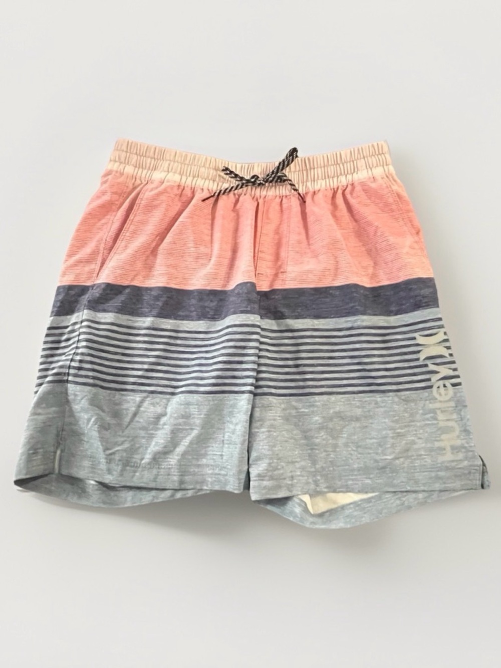 Hurley Men’s Coral, Navy and Heather Gray Striped swim shorts